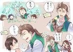  alfyn_(octopath_traveler) blonde_hair bracelet brown_hair comic cyrus_(octopath_traveler) dress gloves hat jewelry long_hair multiple_boys necklace oboro_keisuke octopath_traveler open_mouth ponytail short_hair simple_background smile translation_request tressa_(octopath_traveler) 