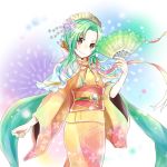  1girl brown_eyes closed_mouth elincia_ridell_crimea fan fire_emblem fire_emblem:_souen_no_kiseki fire_emblem_heroes floral_print green_hair hair_ornament holding holding_fan japanese_clothes kimono long_hair long_sleeves obi sash solo wide_sleeves yukata yuyu_(spika) 