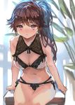  1girl bare_arms bare_shoulders blurry blurry_background blush bra breasts brown_hair commentary_request depth_of_field large_breasts legs_together long_hair looking_at_viewer navel nose_blush original panties parted_lips plant ponytail potted_plant ran&#039;ou_(tamago_no_kimi) sitting sketch solo underwear violet_eyes white_bra white_panties 