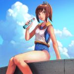  1girl arm_support bangs blue_sky brown_eyes brown_hair clouds covered_navel eyebrows_visible_through_hair i-401_(kantai_collection) kantai_collection kazunoko looking_at_viewer ponytail ramune school_swimsuit sidelocks sky smile solo swept_bangs swimsuit thighs 