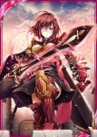  1girl akkijin armor boots breasts brown_hair cape card_(medium) clouds cloudy_sky dawn energy_sword holding holding_sword holding_weapon injury knight looking_at_viewer medium_breasts official_art outdoors red_cape shinkai_no_valkyrie short_hair sky sword weapon yellow_eyes 