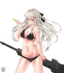  1girl absurdres alternate_costume anti-materiel_rifle ass_visible_through_thighs bangs bikini black_bikini black_bow blush bow breasts cowboy_shot food food_on_breasts girls_frontline gomrang groin gun hair_between_eyes hair_ornament hair_ribbon hairclip highres holding holding_food holding_gun holding_weapon iws-2000_(girls_frontline) long_hair looking_at_viewer navel open_mouth popsicle red_eyes ribbon rifle sidelocks signature silver_hair sniper_rifle solo steyr_iws_2000 stomach swimsuit thighs weapon 