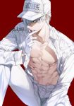  1boy abs artist_name baseball_cap black_eyes blood clothes_writing collarbone collared_shirt finger_to_mouth gloves hair_over_one_eye hat hataraku_saibou male_focus open_clothes open_shirt pants red_background shirt sitting solo sukja uniform white_blood_cell_(hataraku_saibou) white_gloves white_hair white_pants white_shirt 