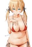  1girl absurdres bikini blonde_hair blush breasts collarbone erect_nipples eyebrows_visible_through_hair green_eyes hair_ornament hentai_eikoku_shinshi highres kantai_collection large_breasts long_hair looking_at_viewer low_twintails micro_bikini navel prinz_eugen_(kantai_collection) red_bikini side-tie_bikini smile solo stomach swimsuit twintails twitter_username 