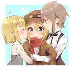  !? 3girls :o ange_(princess_principal) bangs black_dress blonde_hair blue_eyes blunt_bangs blush brown_hair brown_jacket closed_eyes closed_mouth dress eyebrows_visible_through_hair hair_between_eyes hair_flaps heart highres hug jacket locked_arms multiple_girls open_mouth princess_(princess_principal) princess_principal profile school_uniform shirt sidelocks sleeveless sleeveless_dress sorimachi-doufu spoken_interrobang time_paradox white_shirt 