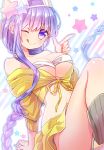  1girl ;q bb_(fate)_(all) bb_(swimsuit_mooncancer)_(fate) blush braid breasts commentary_request eyebrows_visible_through_hair fate/grand_order fate_(series) hat long_hair medium_breasts moru navel one_eye_closed purple_hair single_braid sitting solo star starry_background swimsuit tongue tongue_out violet_eyes white_background white_hat 