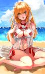  1girl :d absurdres bangs beach bikini blonde_hair blue_sky blush breasts clouds earrings eyebrows_visible_through_hair fate/grand_order fate_(series) green_eyes hair_between_eyes hair_ribbon highres horizon jewelry large_breasts long_hair looking_at_viewer nekouta_(hnma3785) nero_claudius_(fate)_(all) nero_claudius_(swimsuit_caster)_(fate) ocean open_mouth outdoors ribbon see-through side-tie_bikini sitting sky smile solo string_bikini swimsuit under_boob wet yokozuwari 