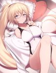  1girl bare_legs bare_shoulders barefoot bed bed_sheet bespectacled bikini blonde_hair blue_eyes breasts cleavage collarbone commentary_request competition_swimsuit eyebrows_visible_through_hair fate/grand_order fate_(series) glasses hair_between_eyes hairband hand_on_own_chest highres impossible_clothes jacket jeanne_d&#039;arc_(fate) jeanne_d&#039;arc_(fate)_(all) jeanne_d&#039;arc_(swimsuit_archer) knees_up large_breasts long_hair looking_at_viewer lying maosame on_back on_bed one-piece_swimsuit open_clothes open_jacket ponytail smile solo swimsuit thighs very_long_hair white_jacket white_swimsuit 