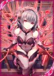  1girl akkijin bodysuit cable card_(medium) engine glowing grey_hair looking_at_viewer machinery mecha_musume official_art red_eyes shinkai_no_valkyrie thigh-highs 
