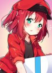  1girl artist_name black_shirt blush box cosplay flying_sweatdrops gradient gradient_background green_eyes hair_between_eyes hat hataraku_saibou hey_xander highres holding holding_box jacket kurosawa_ruby love_live! love_live!_sunshine!! open_clothes open_jacket open_mouth red_blood_cell_(hataraku_saibou) red_blood_cell_(hataraku_saibou)_(cosplay) red_hat red_jacket redhead shirt solo two_side_up upper_body 
