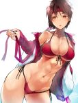  bangs bikini breasts brown_hair capcom collarbone commentary cowboy_shot eyebrows_visible_through_hair eyes hair_between_eyes hairband highres jacket kasugano_sakura large_breasts navel nishiide_kengorou open_clothes open_jacket open_mouth red red_bikini red_hairband short_hair street_fighter swimsuit white_background white_jacket 