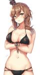  1girl bare_arms bare_shoulders bikini black_bikini black_ribbon blush breast_hold breasts brown_eyes brown_hair cleavage collarbone commentary_request cowboy_shot crossed_arms crown dripping front-tie_bikini front-tie_top hair_between_eyes highres king_george_v_(zhan_jian_shao_nyu) large_breasts long_hair multi-strapped_bikini multicolored multicolored_nails nail_polish navel parted_lips ribbon shiny shiny_skin signature simple_background skindentation smile solo string_bikini swimsuit water wet white_background zhan_jian_shao_nyu zhudacaimiao 