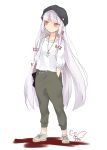  1girl alternate_costume bangs black_hat blunt_bangs blush bow cabbie_hat casual collarbone commentary_request contemporary eyebrows_visible_through_hair floral_print fujiwara_no_mokou full_body grey_pants hair_bow hand_in_pocket hat highres jewelry long_hair long_sleeves no_nose pants pendant pocket puffy_sleeves red_eyes shirt shoes signature silver_hair simple_background sketch sneakers solo standing touhou toutenkou very_long_hair white_background white_bow white_shirt 