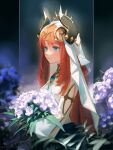  1girl absurdres blue_eyes blue_gemstone blurry blurry_background bouquet brooch circlet coppr fake_horns floral_background flower from_side gem genshin_impact gold_trim harem_outfit highres holding holding_bouquet horns jewelry long_hair long_sleeves looking_ahead neck_ring nilou_(genshin_impact) parted_bangs puffy_long_sleeves puffy_sleeves redhead sidelocks signature smile solo twitter_username upper_body veil white_flower white_headdress white_veil 