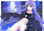  1girl blue_eyes blue_ribbon blush chawan_(yultutari) closed_mouth commentary_request cowboy_shot crotch_plate fate/extra fate/extra_ccc fate_(series) flat_chest hair_ribbon highres juliet_sleeves legs_apart long_hair long_sleeves looking_at_viewer meltlilith navel puffy_sleeves purple_hair ribbon sleeves_past_fingers sleeves_past_wrists smile solo standing tied_sleeves very_long_hair 