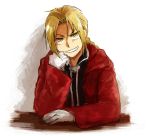  1boy antenna_hair black_shirt blonde_hair coat edward_elric elbows_on_table eyebrows_visible_through_hair frown fullmetal_alchemist gloves grin hand_on_own_cheek looking_at_viewer male_focus red_coat shaded_face shadow shirt simple_background smile tsukuda0310 upper_body white_background white_gloves yellow_eyes 