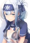  1girl absurdres ainu ainu_clothes bikini bikini_under_clothes black_bikini blue_eyes blue_hair blush breasts commentary_request cropped_jacket dress dyson_(edaokunnsaikouya) embarrassed facial_scar folded_ponytail hair_between_eyes headband highres kamoi_(kantai_collection) kantai_collection large_breasts leaning_forward looking_at_viewer midriff multicolored_hair scar scar_on_cheek see-through short_sleeves sideboob sidelocks swimsuit thick_eyebrows white_dress white_hair 
