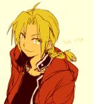  1boy 2016 antenna_hair black_shirt blonde_hair braid coat dated edward_elric eyebrows_visible_through_hair fullmetal_alchemist looking_at_viewer looking_up lowres male_focus red_coat shirt simple_background smile tsukuda0310 upper_body yellow_eyes 