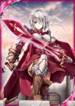  1girl akkijin armor boots breasts cape card_(medium) clouds cloudy_sky dawn holding holding_sword holding_weapon injury knight looking_at_viewer medium_breasts official_art outdoors red_cape red_eyes shinkai_no_valkyrie short_hair silver_hair sky sword weapon 