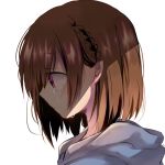  1girl bangs braid brown_hair commentary_request crying crying_with_eyes_open eyebrows_visible_through_hair grey_hoodie hair_between_eyes hood hood_down hoodie naoton original portrait profile short_hair simple_background solo tears violet_eyes white_background 