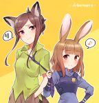  2girls animal_ears beatrice_(princess_principal) blue_shirt blush breasts brown_eyes brown_hair closed_mouth collared_shirt cosplay cosplay_request dorothy_(princess_principal) eighth_note green_shirt hand_in_pocket hand_on_hip head_tilt highres kemonomimi_mode long_hair long_sleeves multiple_girls musical_note necktie necktie_grab neckwear_grab orange_background police police_badge police_uniform policewoman princess_principal purple_neckwear shirt short_sleeves sleeves_past_wrists small_breasts smile sorimachi-doufu spoken_musical_note spoken_sweatdrop sweat sweatdrop uniform violet_eyes zootopia 