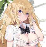 1girl ahoge black_neckwear blonde_hair blurry blurry_background blush bow bow_bra bowtie bra breasts cleavage closed_mouth collared_shirt commentary_request copyright_request depth_of_field eyebrows_visible_through_hair hair_between_eyes hand_up large_breasts long_hair looking_at_viewer oniku_(oishii_oniku) plant potted_plant shirt short solo sweat two_side_up underwear violet_eyes watch watch white_bra white_shirt window wing_collar 