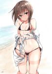  1girl alternate_costume beach bikini black_bikini blurry blush breasts brown_eyes brown_hair closed_mouth commentary_request contemporary depth_of_field embarrassed eyebrows_visible_through_hair hair_between_eyes highres kantai_collection looking_at_viewer looking_down micro_bikini ocean shirt short_hair_with_long_locks signature small_breasts solo swimsuit taihou_(kantai_collection) thick_thighs thighs twitter_username white_shirt wide_hips yukishiro_arute 