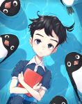  1boy aoyama-kun_(penguin_highway) bird black_hair blue_eyes blue_shirt book child commentary_request floating frown highres holding holding_book male_focus pengpeng_(underscore) penguin penguin_highway shadow shirt upper_body water 