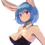  1girl animal_ears bangs black_leotard blue_hair blush breasts bunny_girl bunnysuit closed_mouth detached_collar eyebrows_visible_through_hair highres large_breasts leotard looking_at_viewer original pink_eyes rabbit_ears short_hair sketch solo sookmo upper_body wing_collar 