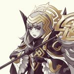  1girl armor black_armor black_gloves crown fire_emblem fire_emblem_heroes gloves grey_hair hair_ornament holding holding_staff kaijuicery long_hair long_sleeves open_mouth shoulder_armor simple_background solo staff twitter_username veronica_(fire_emblem) white_background 