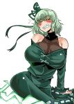  1girl bare_shoulders blush breasts clenched_teeth collarbone commentary_request dress eyebrows_visible_through_hair ghost_tail green_eyes hat heiseikorotaisei hips huge_breasts sharp_teeth short_hair silver_hair simple_background soga_no_tojiko teeth touhou white_background 
