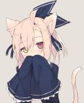  1girl animal_ears bangs blush cat_ears cat_tail covering_mouth grey_background hair_ribbon looking_at_viewer nagishiro_mito original pink_hair red_eyes ribbon simple_background sleeves_past_fingers sleeves_past_wrists solo tail virtual_youtuber yellow_eyes 