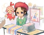2girls =_= adeleine beret blue_eyes blush brown_hair closed_mouth convention eyebrows facing_another hat king_dedede kirby_(series) kirby_64 looking_away manga_(object) multiple_girls painting_(object) pink_hair placard ribbon_(kirby) shiburingaru short_hair sign sitting smile table