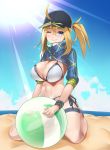 1girl artoria_pendragon_(all) asanuma ball beach beachball bikini black_hat blue_eyes blue_sky blush breasts cleavage closed_mouth clouds commentary_request day eyebrows_visible_through_hair fate/grand_order fate_(series) full_body hair_between_eyes hat large_breasts looking_at_viewer mysterious_heroine_xx_(foreigner) navel ocean outdoors ponytail shrug_(clothing) side-tie_bikini side-tie_bottom sitting sky smile solo sunlight swimsuit white_bikini 