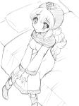  1girl bed blush breasts commentary_request curly_hair dragon_quest dragon_quest_ii dress emblem graphite_(medium) hat hood hood_up kichijou_agata long_hair looking_at_viewer medium_breasts monochrome princess princess_of_moonbrook robe solo traditional_media white_dress white_robe 