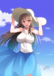  1girl :d adjusting_clothes adjusting_hat artist_name blue_skirt blue_sky breasts brown_eyes brown_hair c.r. clouds hands_up hat highres large_breasts long_hair looking_at_viewer onee-san_(penguin_highway) open_mouth penguin_highway shirt skirt sky smile solo standing sun_hat very_long_hair white_hair white_shirt 