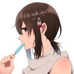  1girl alternate_hairstyle bare_shoulders brown_eyes brown_hair food from_side hair_ornament hair_tie holding kantai_collection looking_at_viewer looking_to_the_side low_ponytail popsicle profile rinto_(rint_rnt) scarf sendai_(kantai_collection) solo sweat upper_body white_scarf 