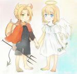  1boy 1girl angel_wings annoyed barefoot black_shirt blonde_hair blue_background blue_eyes cape demon_horns demon_tail demon_wings dress edward_elric eyebrows_visible_through_hair frown full_body fullmetal_alchemist gradient gradient_background halo hand_holding happy horns looking_away pink_background polearm puffy_short_sleeves puffy_sleeves red_cape shirt short_hair short_sleeves shorts simple_background smile standing tail toenails trident tsukuda0310 weapon white_background white_dress wings winry_rockbell wrench yellow_eyes younger 