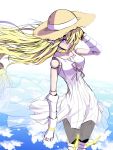  1girl bare_shoulders blonde_hair blue_eyes collar commentary_request copyright_request doll_joints dress gloves hair_over_one_eye hand_up hat highres jin_(mugenjin) long_hair looking_at_viewer one_eye_covered pointy_ears solo standing straw_hat sundress very_long_hair white_dress white_gloves wind 