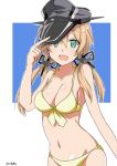  1girl anchor_hair_ornament bikini blue_eyes blush breasts brown_hair eyebrows_visible_through_hair flat_cap hair_between_eyes hair_ornament hat hinase_(jet_hearts) kantai_collection large_breasts looking_at_viewer military military_hat military_uniform open_mouth prinz_eugen_(kantai_collection) solo swimsuit twintails twitter_username uniform yellow_bikini 
