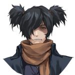  1boy alternate_hairstyle black_hair brown_scarf commentary_request fate/grand_order fate_(series) hair_over_one_eye haori japanese_clothes looking_at_viewer okada_izou_(fate) one_eye_covered open_mouth portrait sanpaku scarf simple_background solo twintails white_background yellow_eyes zonotaida 