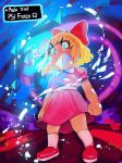  1girl 2018 artist_name blonde_hair blue_eyes bow clenched_hands dress full_body gameplay_mechanics glowing glowing_eyes hair_bow mother_(game) mother_2 nitrotitan paula_(mother_2) pink_dress red_bow serious short_hair socks solo 