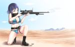  1girl aiming backpack bag bangs bare_legs bare_shoulders bikini black_footwear blue_bikini blue_sky boots breasts cleavage closed_mouth clouds commentary_request cross-laced_footwear day desert eyebrows_visible_through_hair gun holding holding_gun holding_weapon lace-up_boots large_breasts mountain navel nijisanji one_eye_closed one_knee outdoors playerunknown&#039;s_battlegrounds purple_hair rifle scope shell_casing shirihime shizuka_rin short_hair sky sniper_rifle solo swimsuit virtual_youtuber weapon weapon_request yellow_eyes 