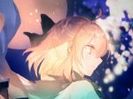  1girl ahoge black_bow blonde_hair blue_scarf bow closed_mouth fate_(series) from_side hair_bow haori japanese_clothes koha-ace okita_souji_(fate) okita_souji_(fate)_(all) rioka_(southern_blue_sky) scarf short_hair smile solo yellow_eyes 