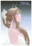  1girl aa_megami-sama absurdres antenna_hair belldandy blue_eyes brown_hair detached_sleeves dress facial_mark forehead_mark from_side highres long_hair ponytail strapless strapless_dress wedding_dress 