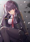  1girl bangs black_gloves black_jacket black_legwear blunt_bangs blush breasts brown_hair closed_mouth collared_shirt commentary_request dutch_angle girls_frontline gloves grey_shirt hand_up highres izumo_neru jacket large_breasts long_sleeves looking_at_viewer necktie pantyhose red_eyes red_neckwear shirt sitting solo striped striped_shirt vertical-striped_shirt vertical_stripes wa2000_(girls_frontline) 