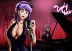  2girls blush bow bowtie breasts cleavage dagashi_kashi dress emo-tan endou_saya flower formal hair_ornament hairband hairclip hand_on_hip instrument large_breasts long_hair looking_at_viewer multiple_girls open_mouth piano purple_hair red_curtain shidare_hotaru short_hair solo suit 