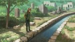  1girl animal_ears brown_eyes brown_hair bush canal closed_mouth commentary day fox_ears green_jacket grey_pants hands_in_pockets highres jacket long_sleeves looking_away looking_down original outdoors pants ruins shoes solo standing tree tree_shade wasabi60 wide_shot 