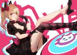  1girl absurdres alternate_costume animal_ears argyle argyle_legwear ass bangs black_cat_d.va black_dress black_footwear black_gloves black_legwear blonde_hair bow breasts brown_legwear candy cat_ears choker cleavage collarbone corset d.va_(overwatch) dress earrings food gloves grey_eyes hair_bow heart heart_earrings high_heels highres jewelry kinven legs legs_up licking lolita_fashion lollipop long_hair looking_at_viewer medium_breasts overwatch pink_bow puffy_short_sleeves puffy_sleeves short_sleeves solo thigh-highs thighhighs_pull tongue tongue_out twintails two-tone_legwear whisker_markings 
