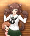  1girl :d akiyama_yukari animal_ears bangs black_neckwear blouse brown_eyes brown_hair commentary_request cowboy_shot cowering dog_ears dog_tail eyebrows_visible_through_hair frown girls_und_panzer gloves green_skirt hiding highres indoors long_sleeves looking_at_viewer messy_hair miniskirt neckerchief nishizumi_miho ooarai_school_uniform open_mouth partial_commentary paw_gloves paws pink_shirt pleated_skirt school_uniform serafuku shio_raichi shirt short_hair skirt smile solo squatting standing tail tearing_up w_arms white_blouse wooden_wall 